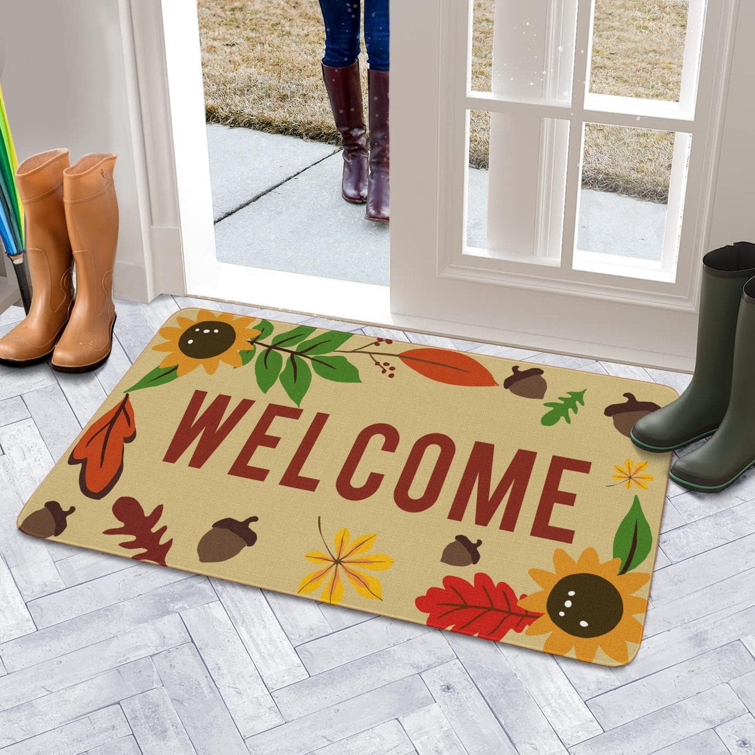 Linen Door Mat Maple Sunflower Dirt Resist Rug Welcome Indoor and Outdoor Front Entrance Doormat Home Decor Heavy Rubber Backing for Non Slip, 30" X 17"
