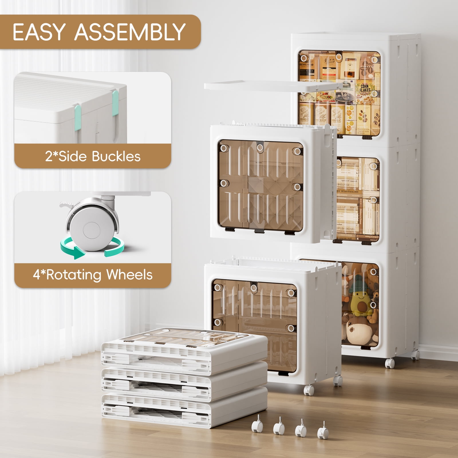 JEKO&JEKO 3-Tier Bathroom Storage Cabinet with Wheels, Lockable Doors, Plastic Organizer for Kitchen, Laundry Room, White