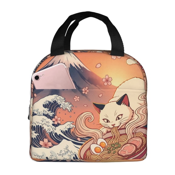 Cat Insulated Lunch Bag Reusable Lunch Box Japanese Ramen Noodle Cat Print Leakproof Thermal Meal Prep Tote With Front Pocket For Work Office Picnic Travel