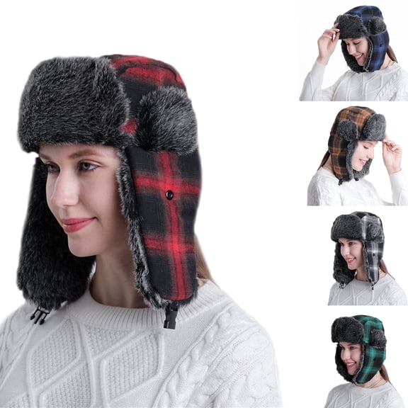 Unisex Ear Warmer Thick Winter Lei Feng Lattice Plaid Trapper Hat for Cycling