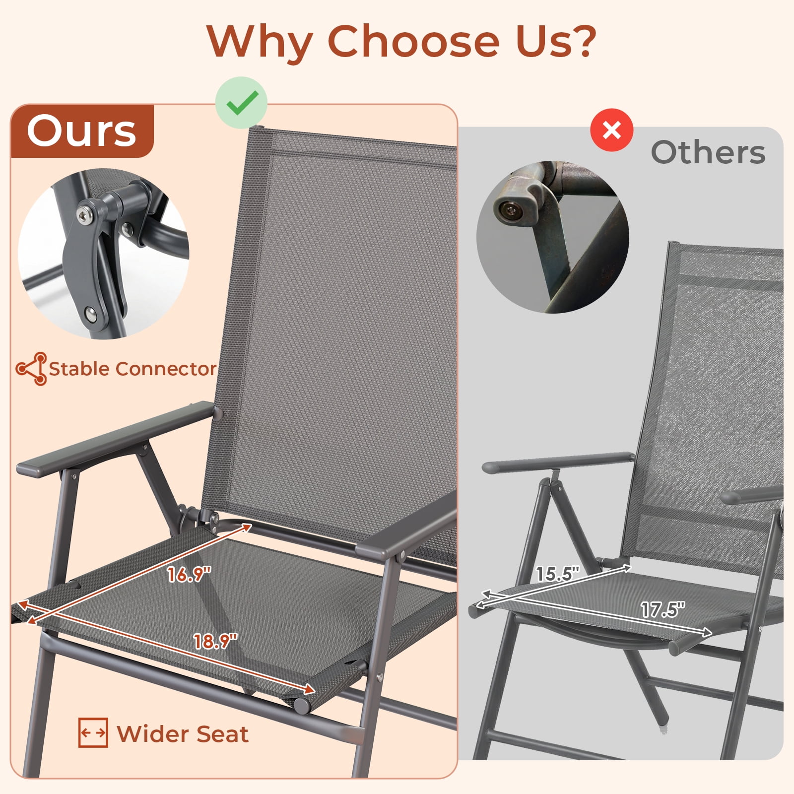 TLSUNNY 2 Pcs Patio Folding Chairs, Outdoor Portable Dining Chairs W/ High Back, Steel Frame, Armrests, for Yard, Camping