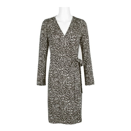 Adrianna Papell Surplice Neck Long Sleeve Tie Side Multi Print Rayon Jersey Faux Wrap Dress-BLACK ECRU / 6