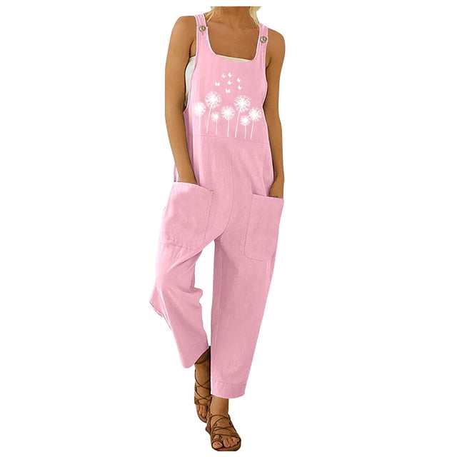 TrendOFT Combinaison Décontractée d'Été pour Femmes Mode Imprimé Lettre Bretelles Boutonnée Ample une Pièce Rose TTG