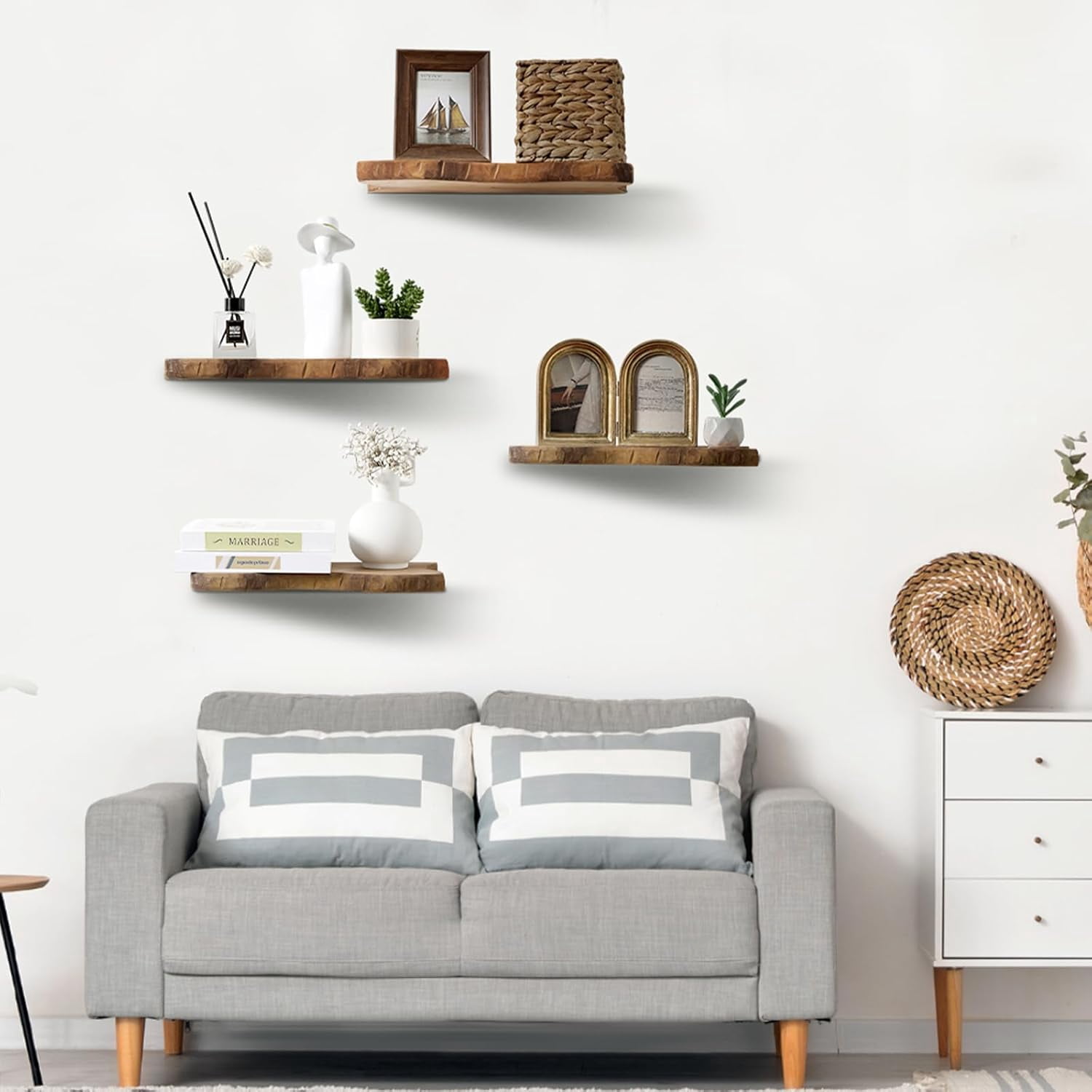 4 Pcs Floating Shelves for Wall Wooden Live Edge Shelf Wall-Mounted Natural Solid Wood Bedroom Kitchen Storage Living Room Nursery Decor(4 Pcs,11.81/15.7 Inch)