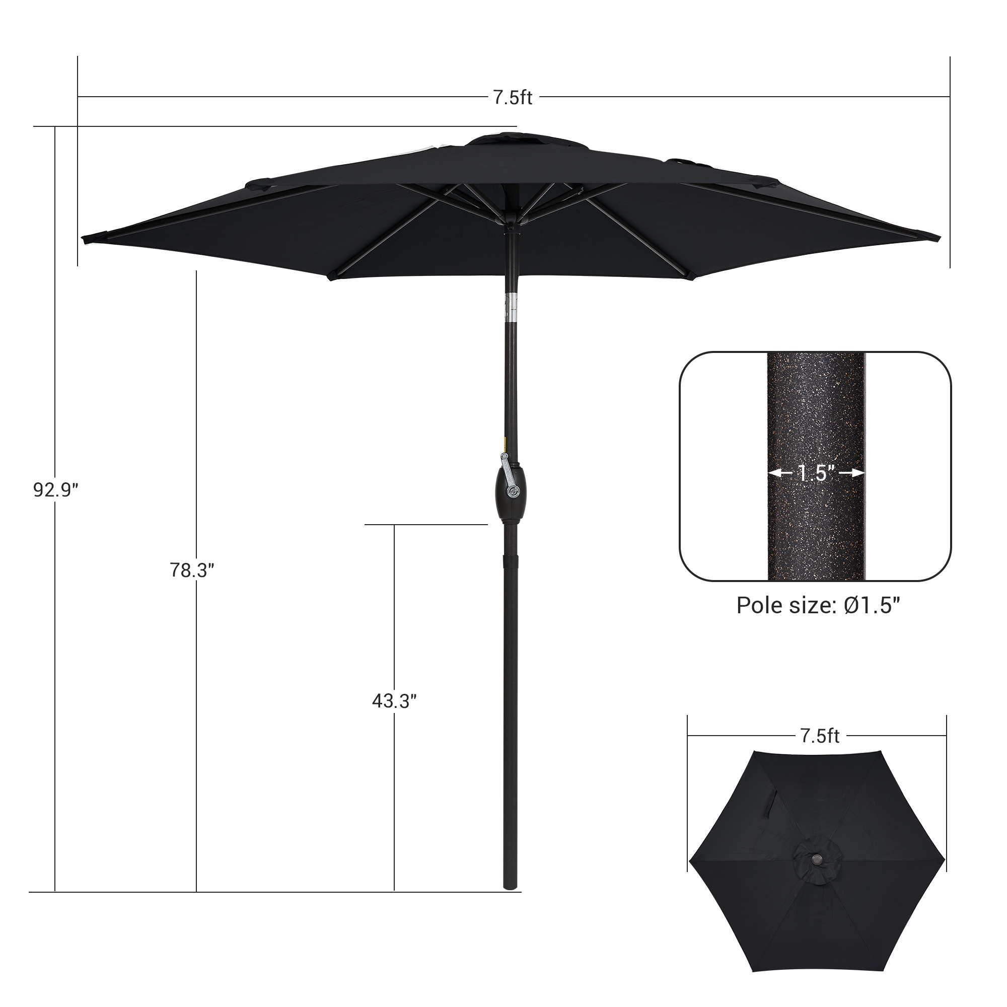 Sonerlic 7.5ft Round Outdoor Patio Shade Umbrella with Steel Frame Garden,Poolside and Deck, Black