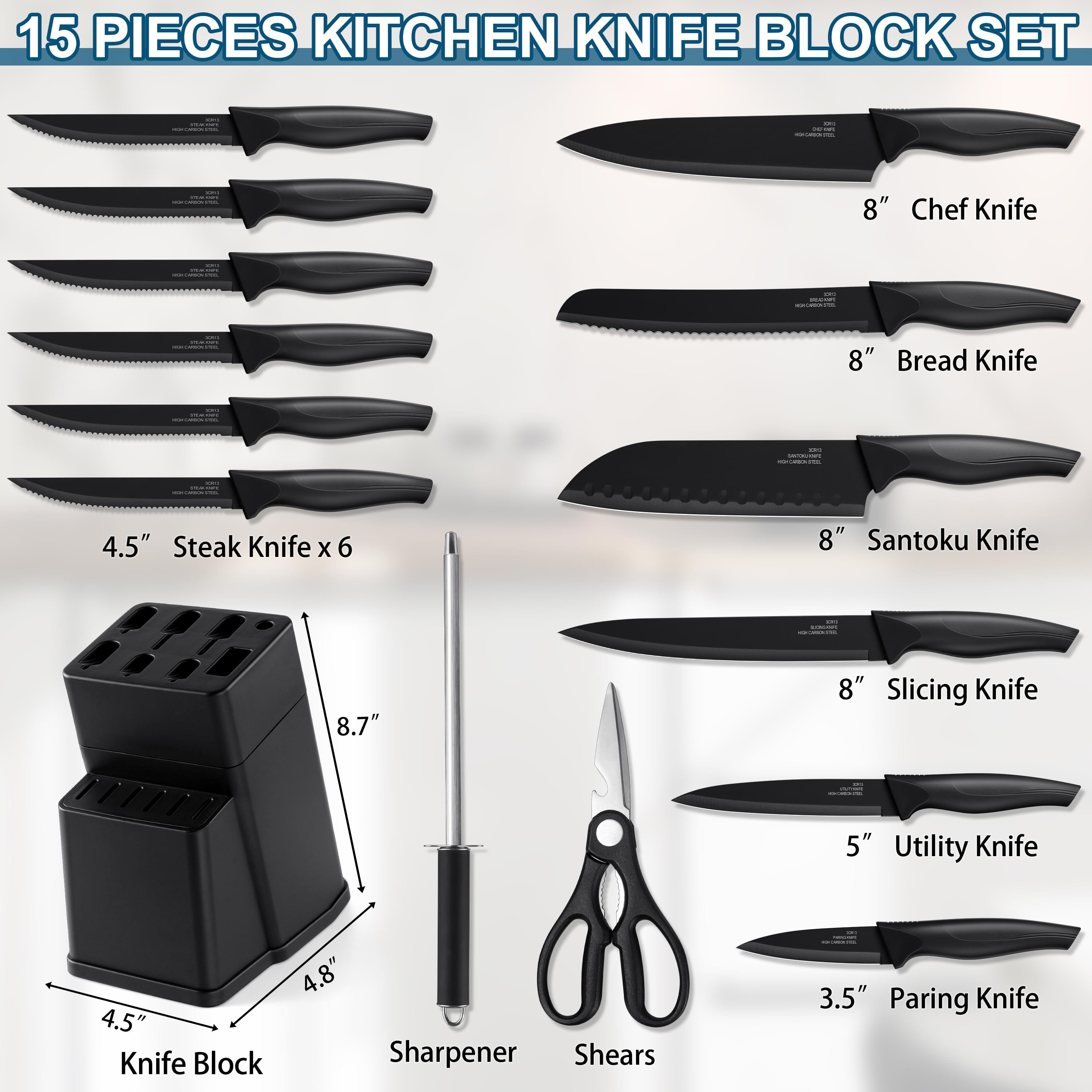 Walchoice 15 Pieces Knife Set with Block, High Carbon Stainless Steel Kitchen Knife Set with Sharpener, Rust Resistant & Dishwasher Safe - Black