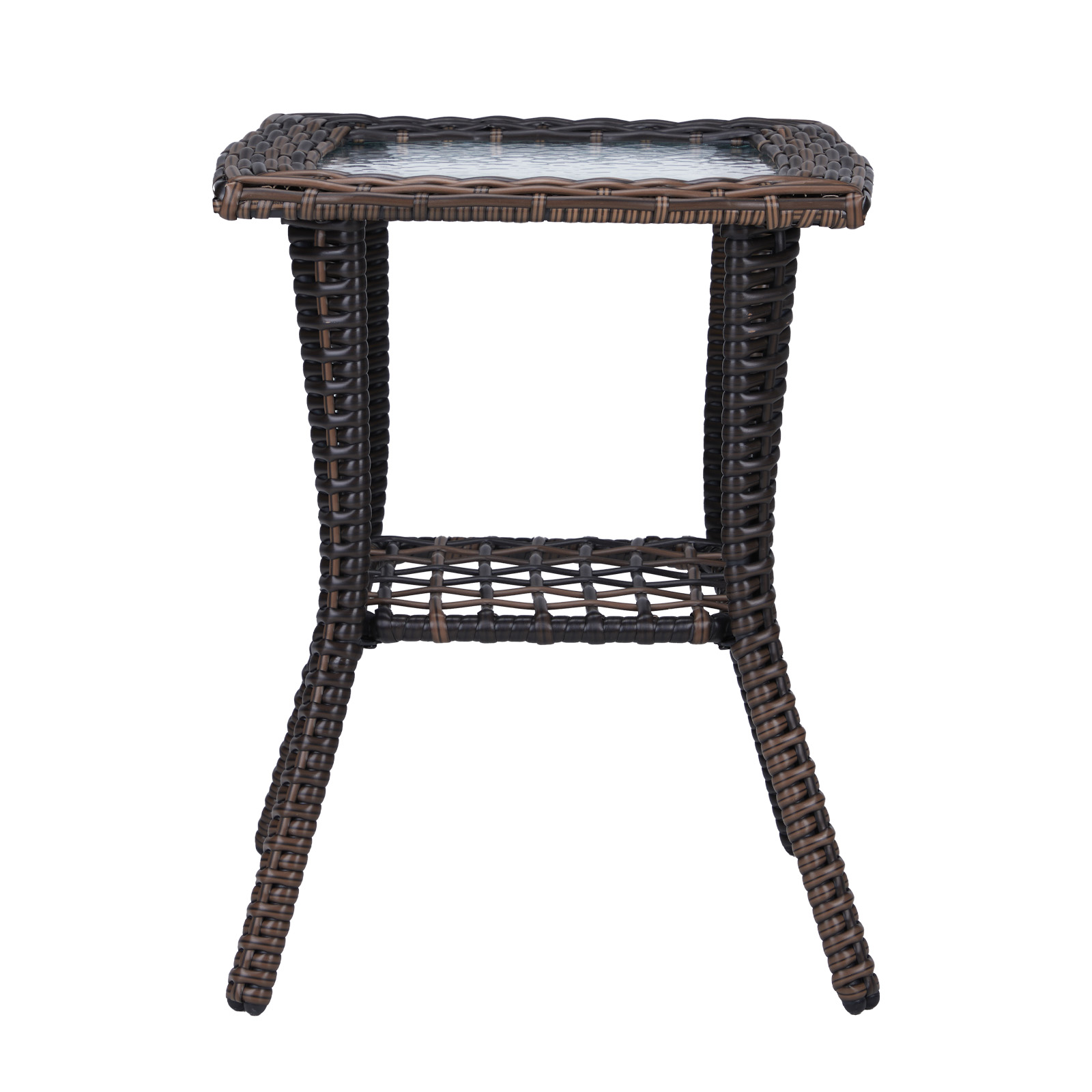 Wicker Side Table with Glass Table Top, Square PE Rattan Outdoor End Table for Patio, Garden, Poolside, Deck w/UV-Resistant Frame, Storage Space, Brown