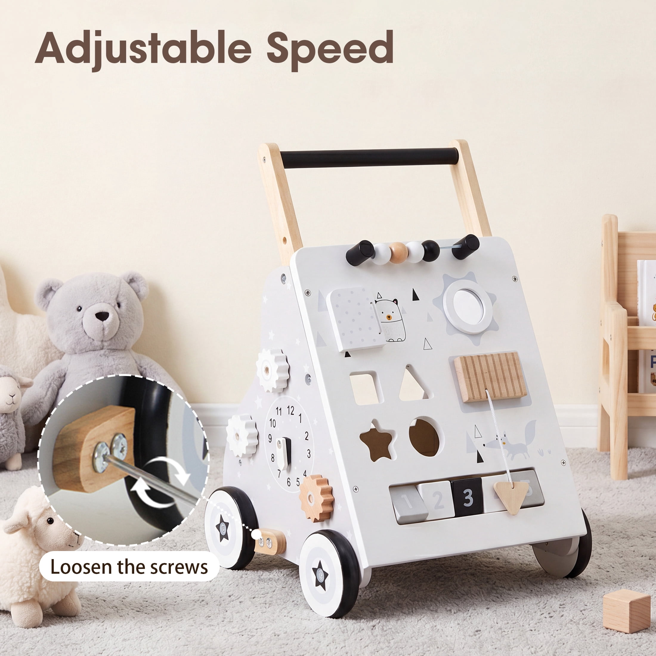 Jolie Vallee Wooden Baby Walker,Push Walker with Activity Center,Push Wlakers for Babies 12 M+,Adjustable Speed and Height Walkers for Boys/Girls