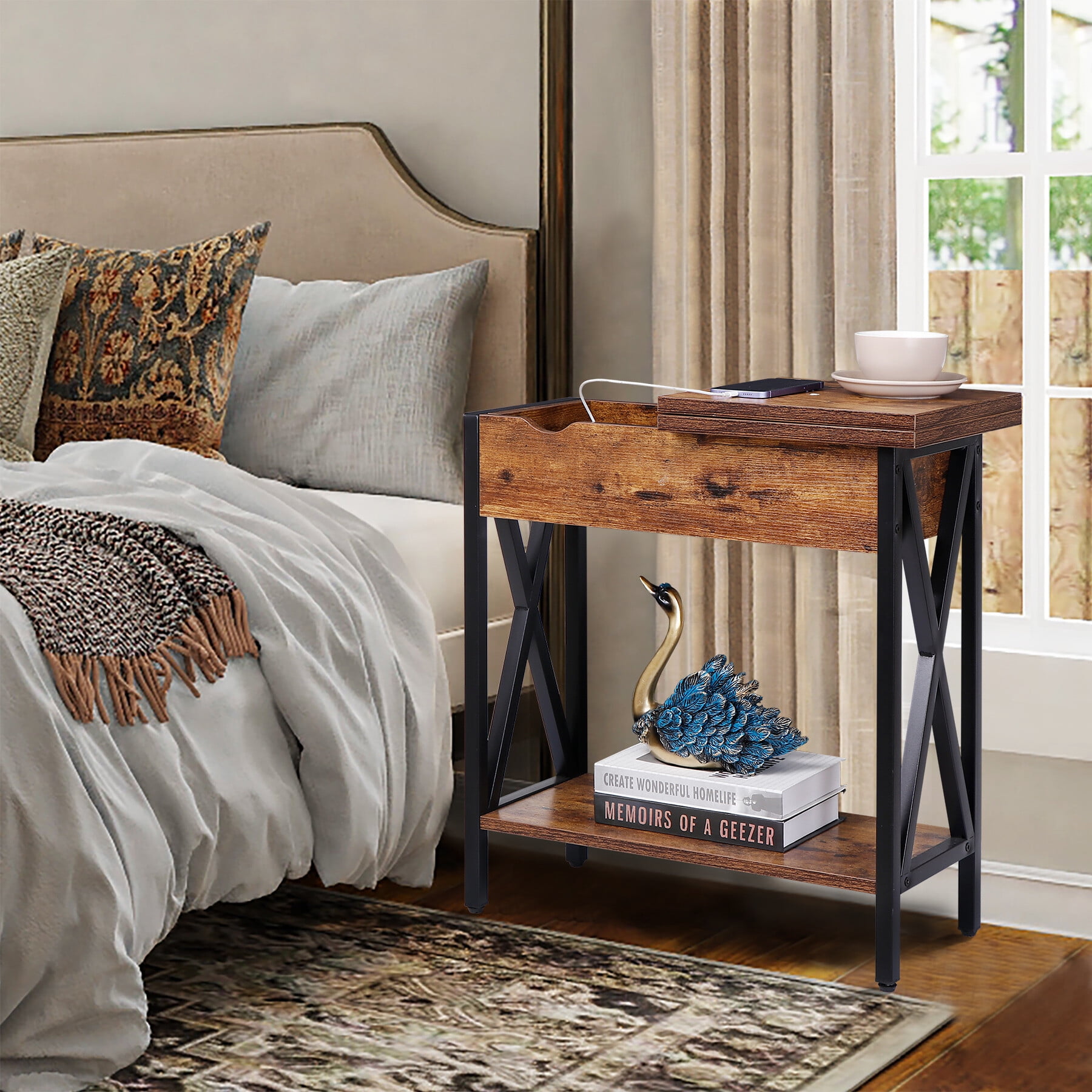 HomGarden Narrow Flip Top End Table Entryway Side Table W/ Charging Station USB Ports & Power Outlets, Rustic Brown