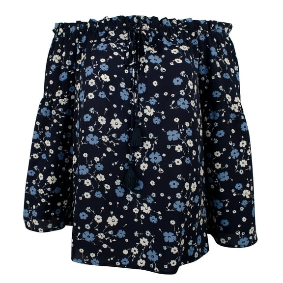 Women's Patterned Off-The-Shoulder Bell Sleeve Tassel Top-B-Small