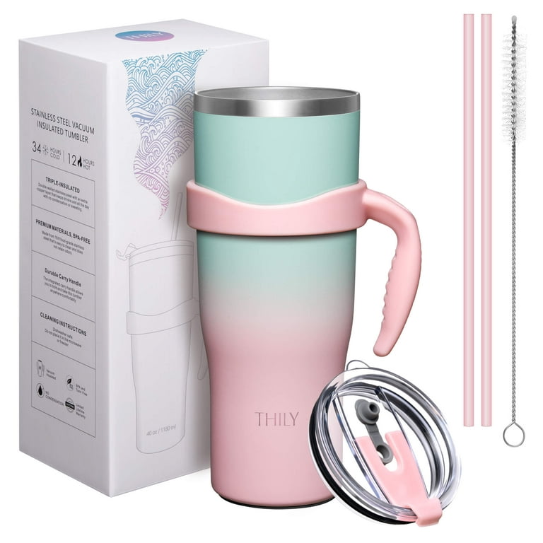 THILY 40 oz Insulated Tumbler with Handle - Stainless Steel Coffee Travel  Mug with Lid and Straws, Keep Drinks Cold for 34 Hours or Hot for 12 Hours, Dishwasher  Safe, BPA Free