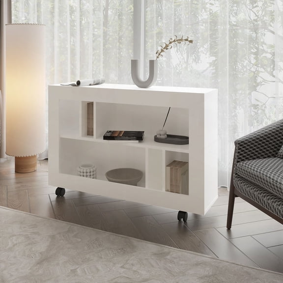 FM FURNITURE Melamine Console Table with Open Storage in White