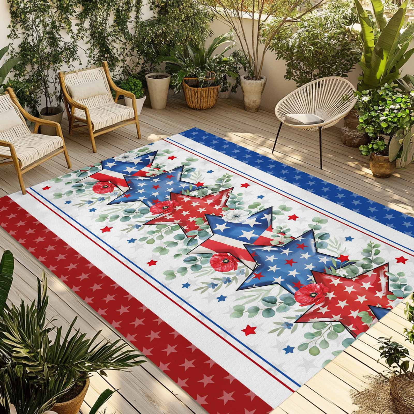 Outdoor Rug 6x9 ft Red White Blue Patriotic Stars Waterproof Outdoor Patio Rug Mat Non Slip Outside Area Rugs Carpet for RV,Camping,Porch,Deck,Pool,Balconybackyard,Eucalyptus Leaves Poppy