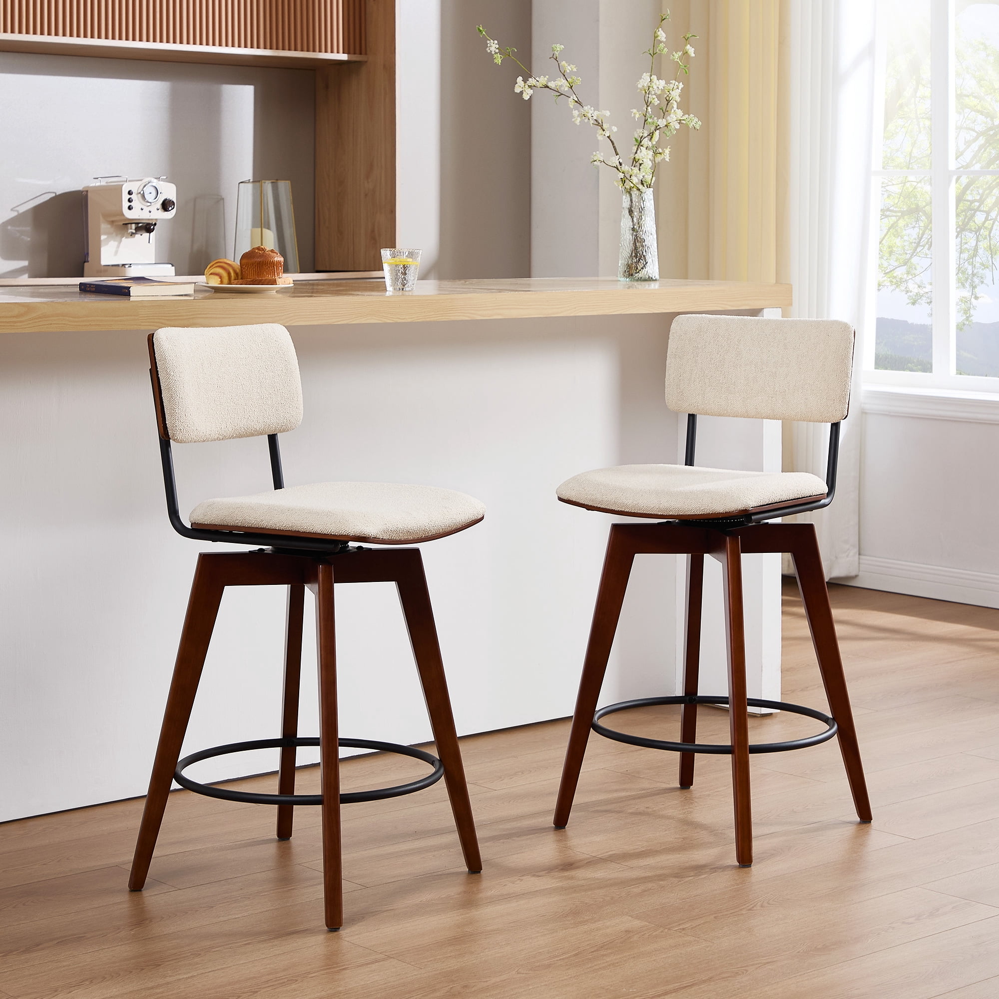 Zesthouse Swivel Counter Height Bar Stools Set of 2, 26" Upholstered Linen Barstools with Back and Walnut Wood Legs, Mid Century Modern Bar Chairs, Island Stool for Kitchen Counter, Beige