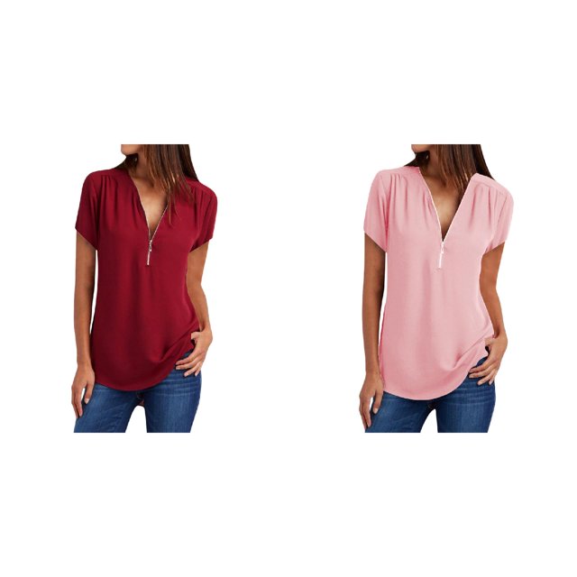 (Lot de 2) Rinsvye Tee-Shirt Décontracté à Col Roulé avec Fermeture Éclair, Blouse pour Femmes, T-Shirt en Coton à Manches Longues