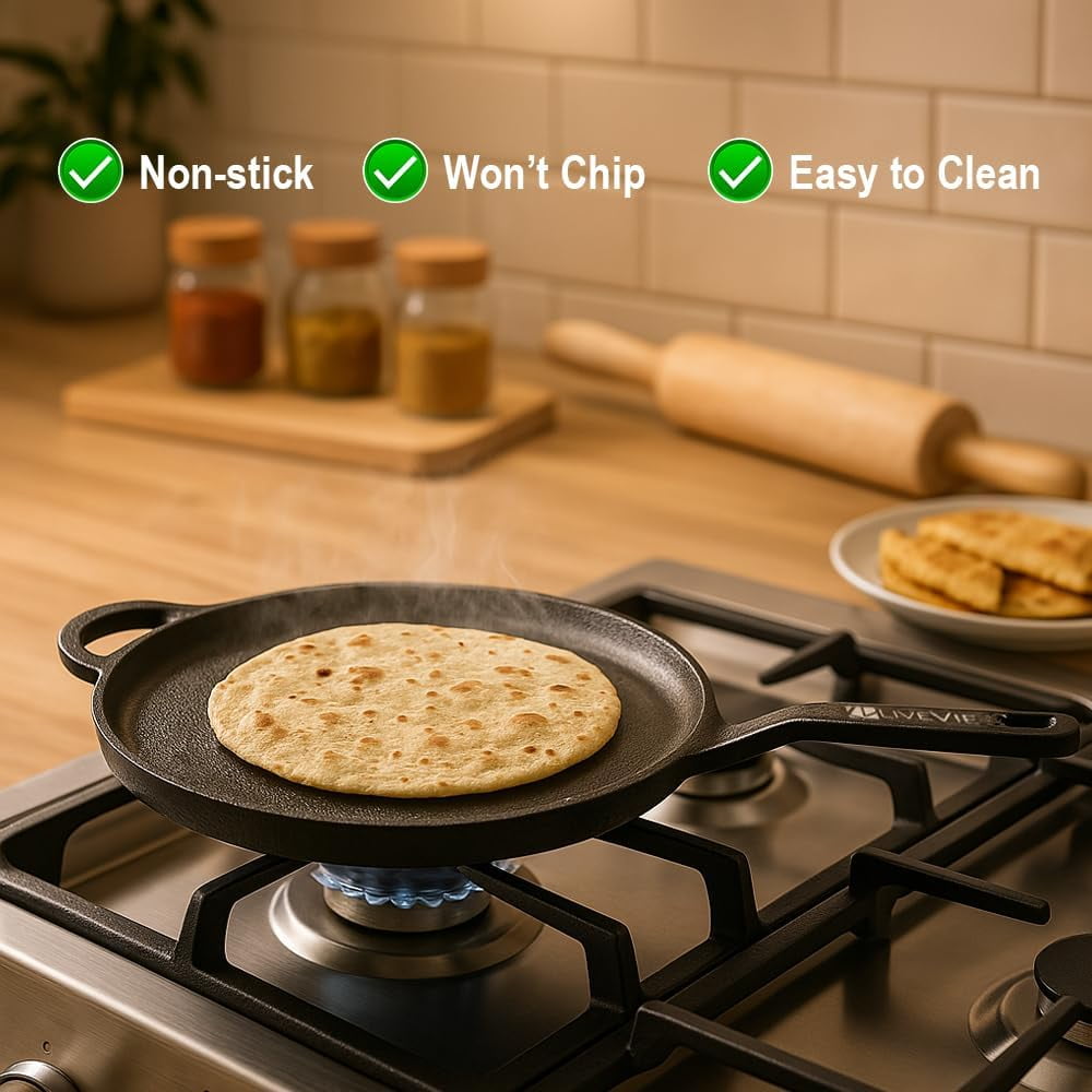 Pre-Seasoned 11 inch Cast Iron Tawa, Heavy-Duty 6.6 lbs Flat Griddle for Pancakes, Roti, Tortillas, Eggs & More, Gas, Open Flame Compatible, 5.5" Handle, Naturally Non-Stick