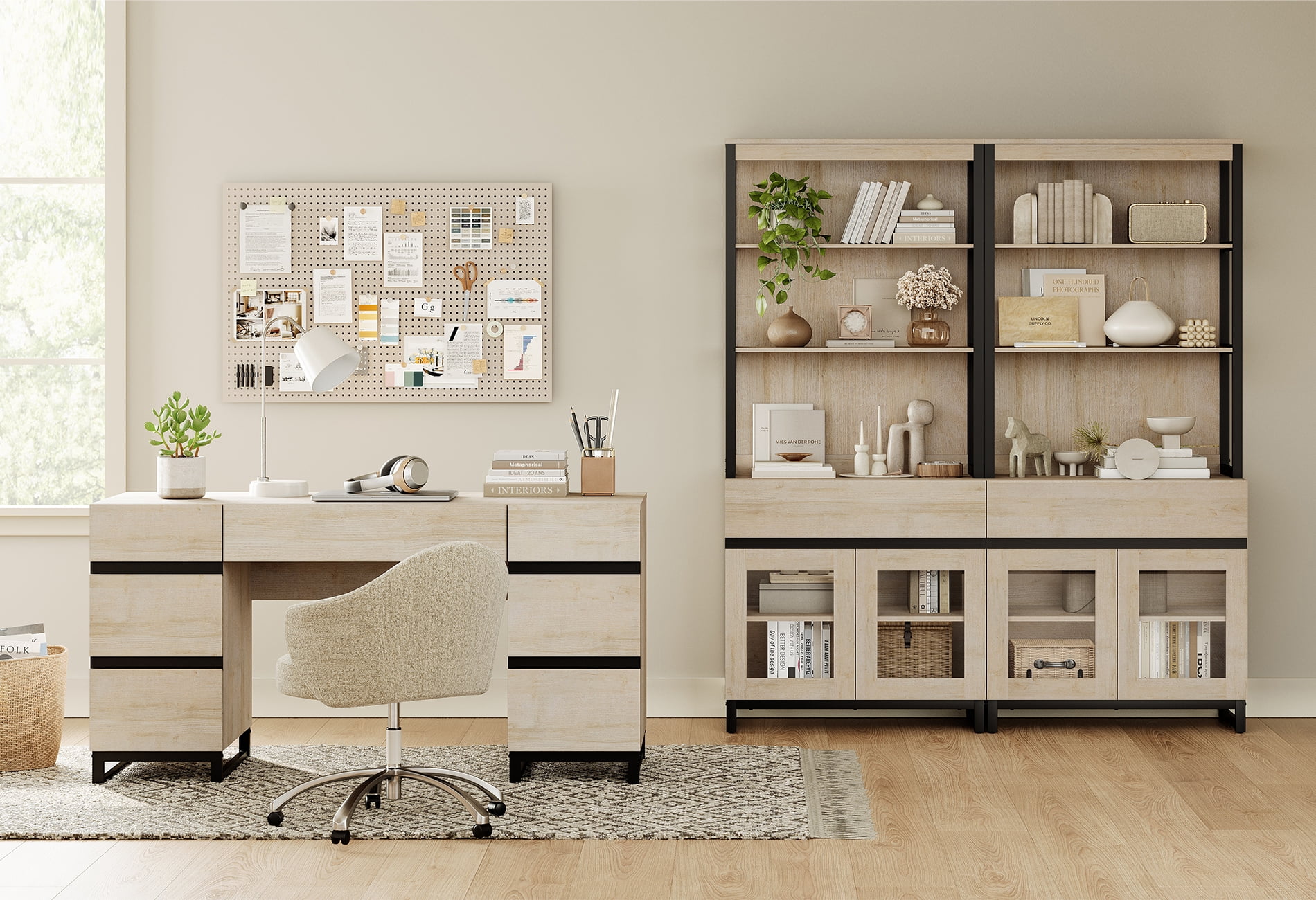 WAMPAT Home Office Furniture Set: 59in Modern Executive Desk with Charging Station & Drawers and Two 72in Tall Bookcases with Storage Cabinet, Home Office Furniture for Living Room, Beige