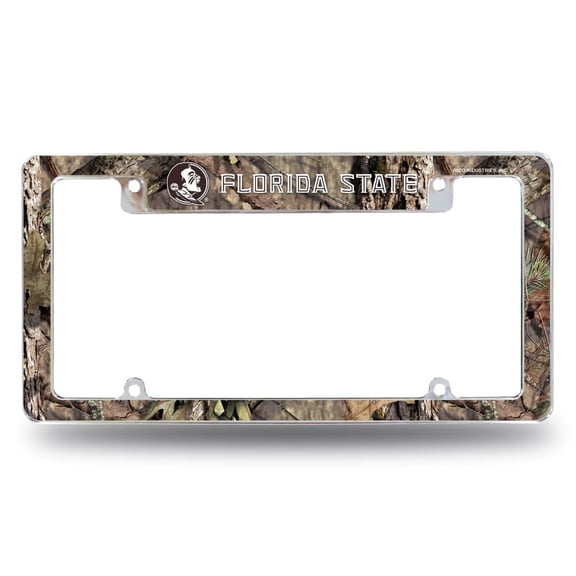 Florida State NCAA Seminoles Chrome Metal License Plate Frame with Bold Mossy Oak Camouflaged Camo Design