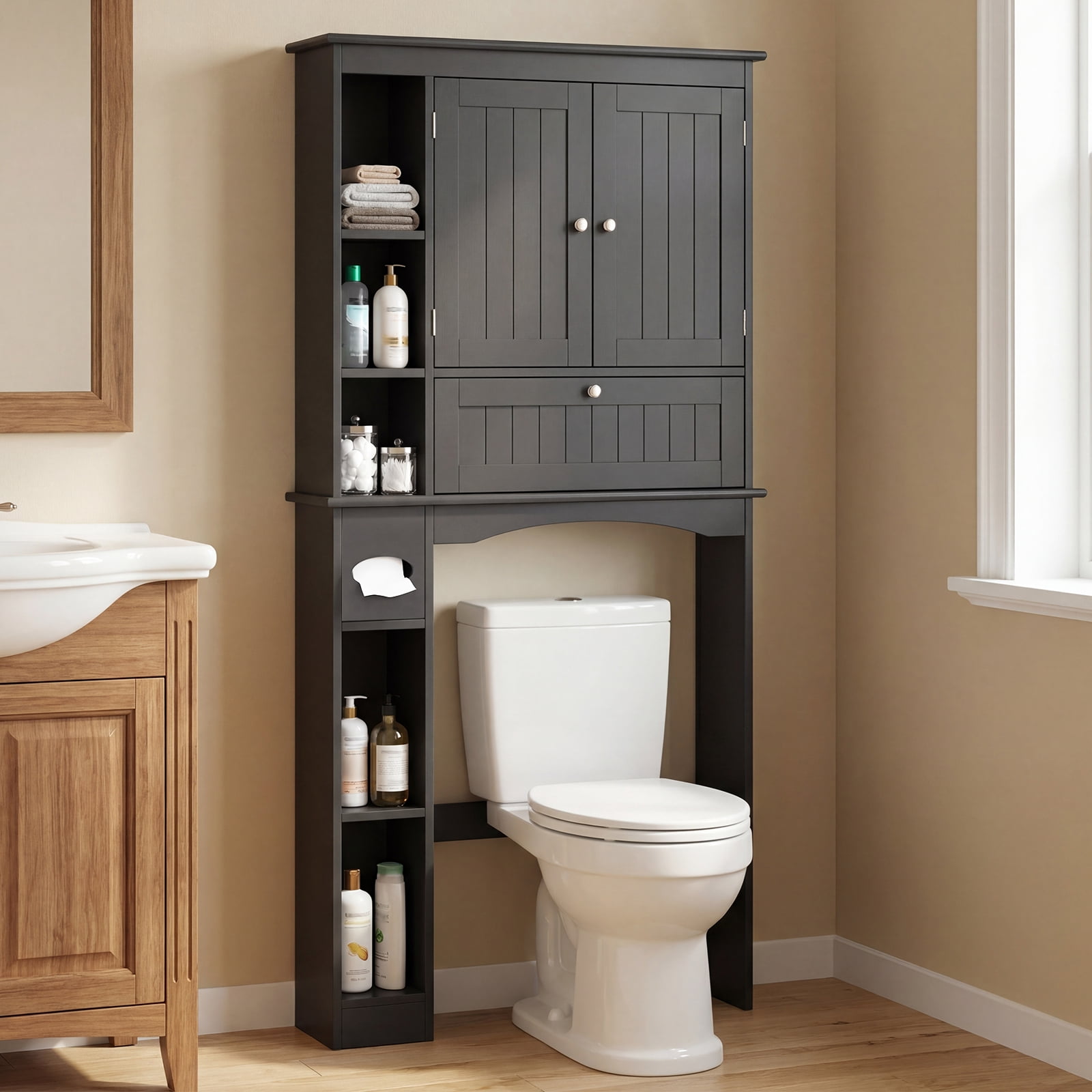 Costway Over the Toilet Storage Cabinet with 2 Doors, Adjustable Shelf & Bottom Bar, Black