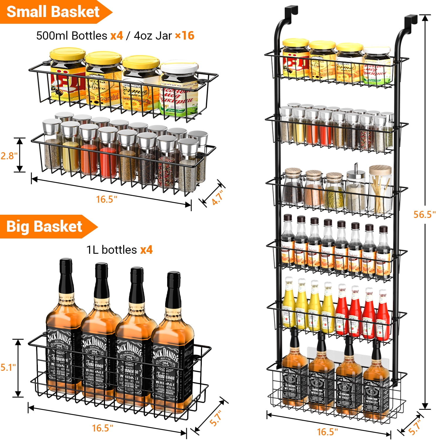 FOUKUS Over the Door Pantry Organizer: 6 Tier Stainless Steel Kitchen Organizers and Storage, Hanging Spice Rack, Easy to Install - Black