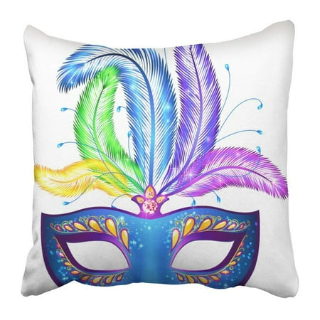 Venetian Feather - ARTJIA Orange Gras Blue Ornate Venetian Carnival Mask with Colorful Feathers Yellow Mardi Carnaval Party Pillowcase Pillow Cushion Cover 18x18 inch