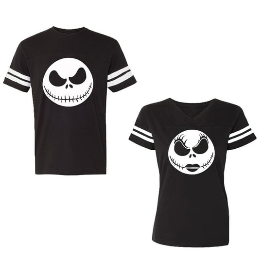 Jack SkullUnisex Couple Matching Cotton Jersey style T-Shirt Contrasting stripes on sleeves (Men Black / Women Black) (Men S / Women S)