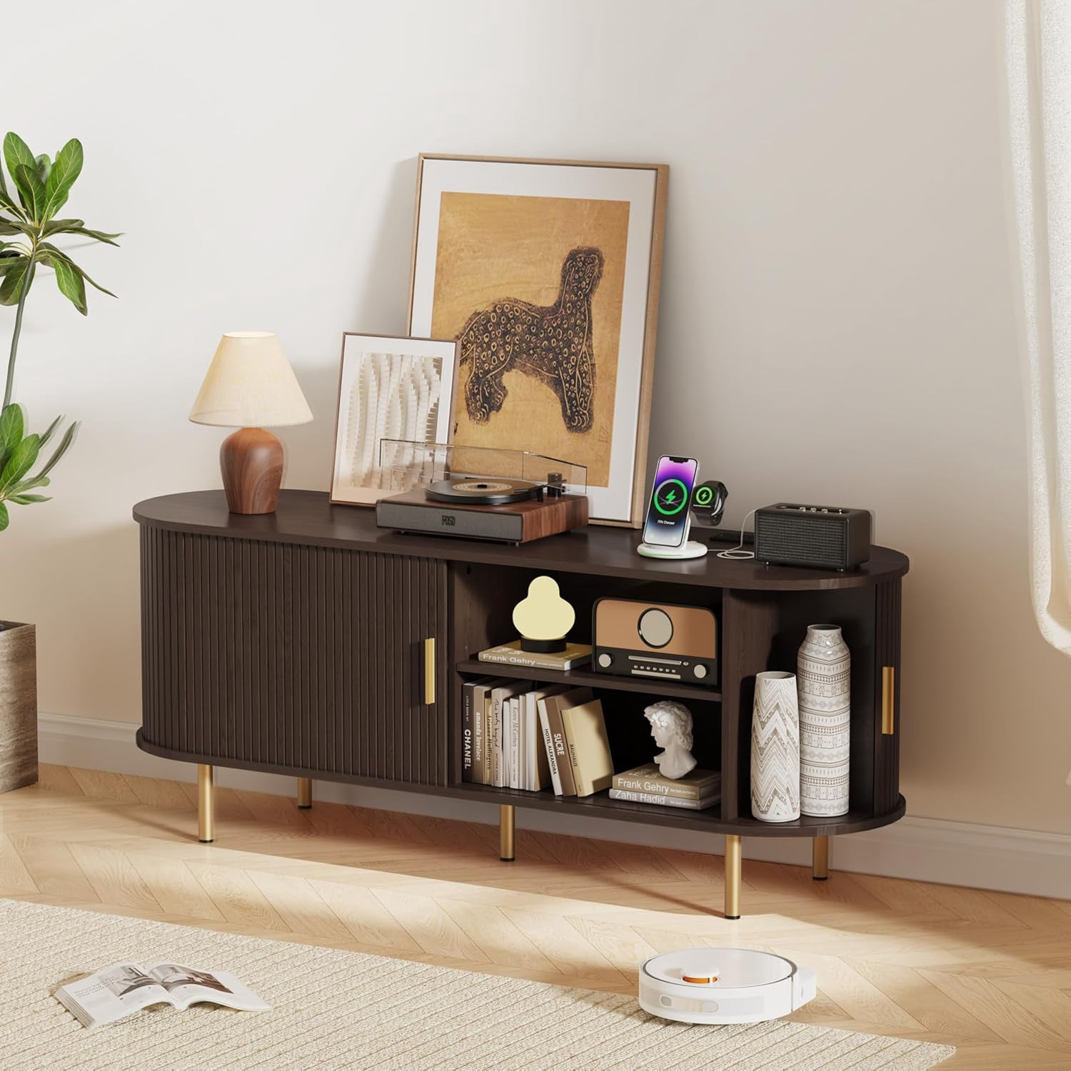 55 Inch Mid-Century Modern TV Stand with Power Outlet and Sliding Doors, Entertainment Center with Adjustable Storage Shelves, for TVs up to 60 Inches, Dark Walnut