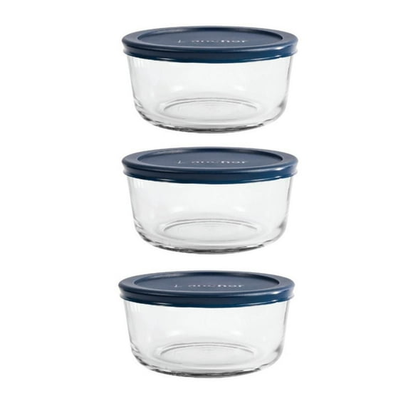 Ensemble de 3 contenants pour conservation d’aliments en verre ronds de 4 tasses, avec couvercles marine, Anchor Hocking