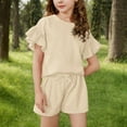 thumbnail image 2 of Loopsun Girls Summer Outfits, Children's Summer Solid Color Comfortable Short Sleeve Round Neck Blouses and Shorts Sets Beige 14-15 Years, 2 of 5