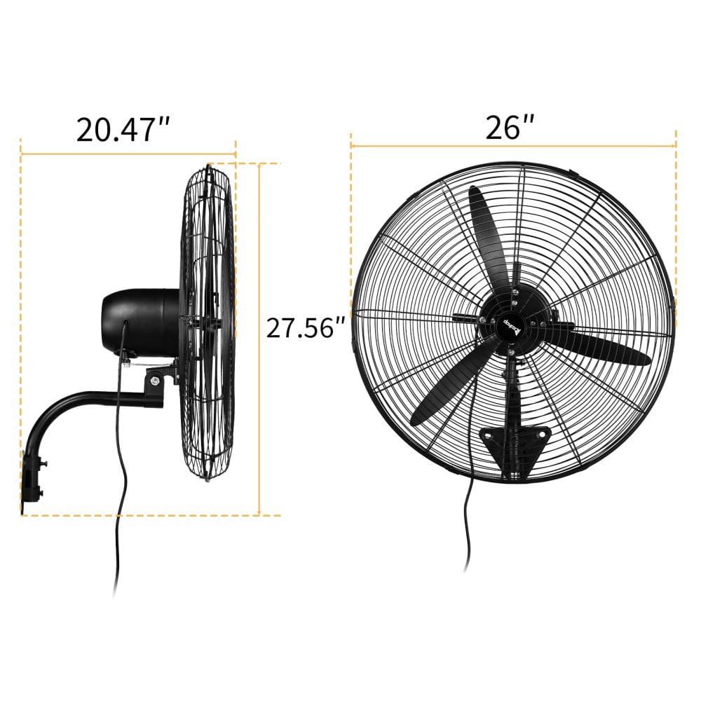 IVV 26 Inch High-Velocity Fan, 9299 CFM Wall Mount Industrial Oscillating & Tilt Metal Fan w/ 4 Speed Ventilation/Copper Motor/3 Aluminum Blades for Home, Office, and Garage (Black)