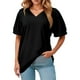 thumbnail image 1 of Camiseta holgada de manga corta y cuello en V para mujer: diseño con mangas abullonadas, cómoda mezcla de poliéster y spandex para uso informal, 1 of 8