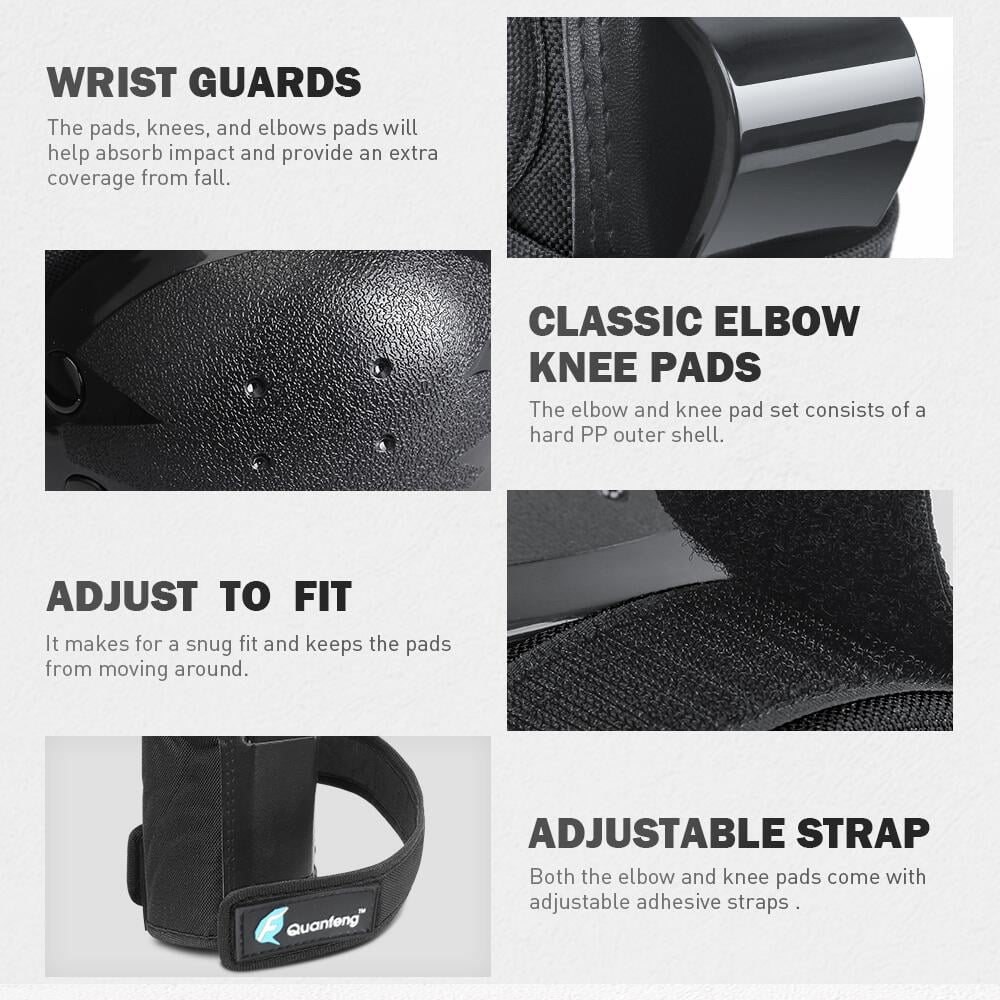 QUANFENG QF Knee Pads Elbow Pads and Wrist Guards 6 Pieces Cycling Skateboarding Protective Gear Set for Adults （Black）