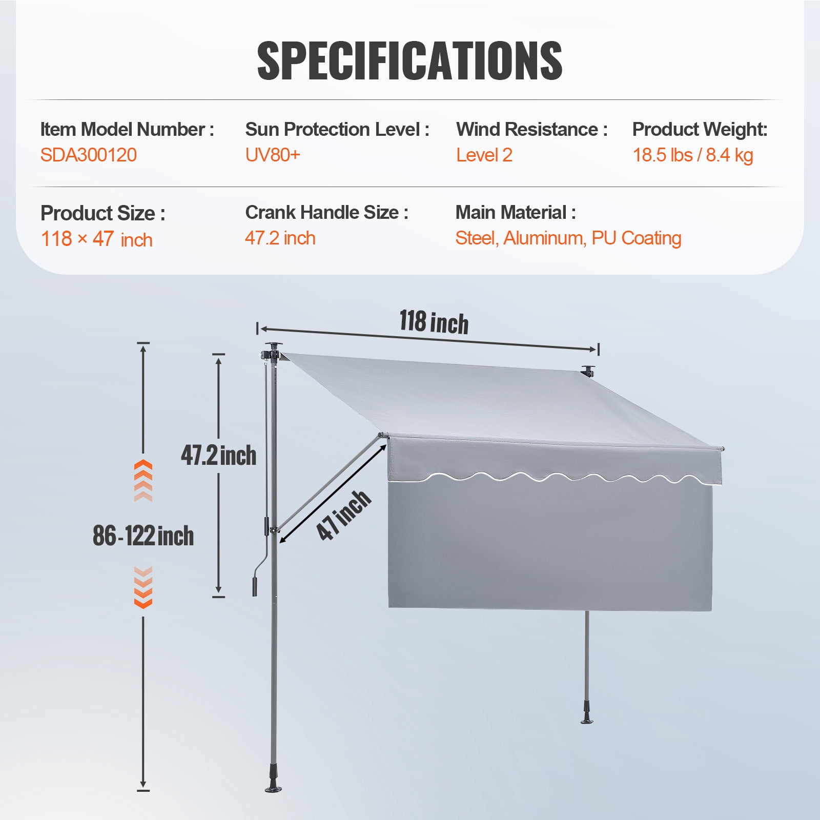 KFFKFF 118" x 47" Gray Manually Retractable Patio Awning, UV Resistant