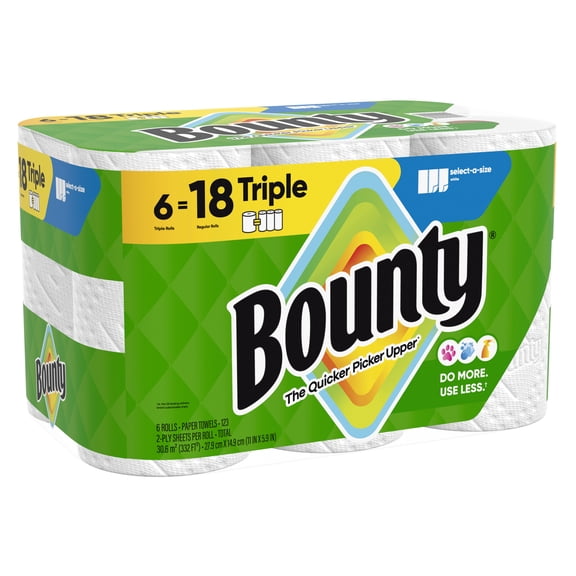 Bounty Paper Towels Select-A-Size White, 6 Triple Rolls, 123 Sheets Per Roll