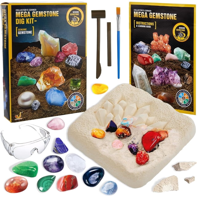 LivinVeluris Mega Gemstone Dig Kit – Excavate 15 Real Gemstones & Crystals – Educational STEM Toy for Kids 3+ with Dig Tools, Magnifier & Guide Bundle