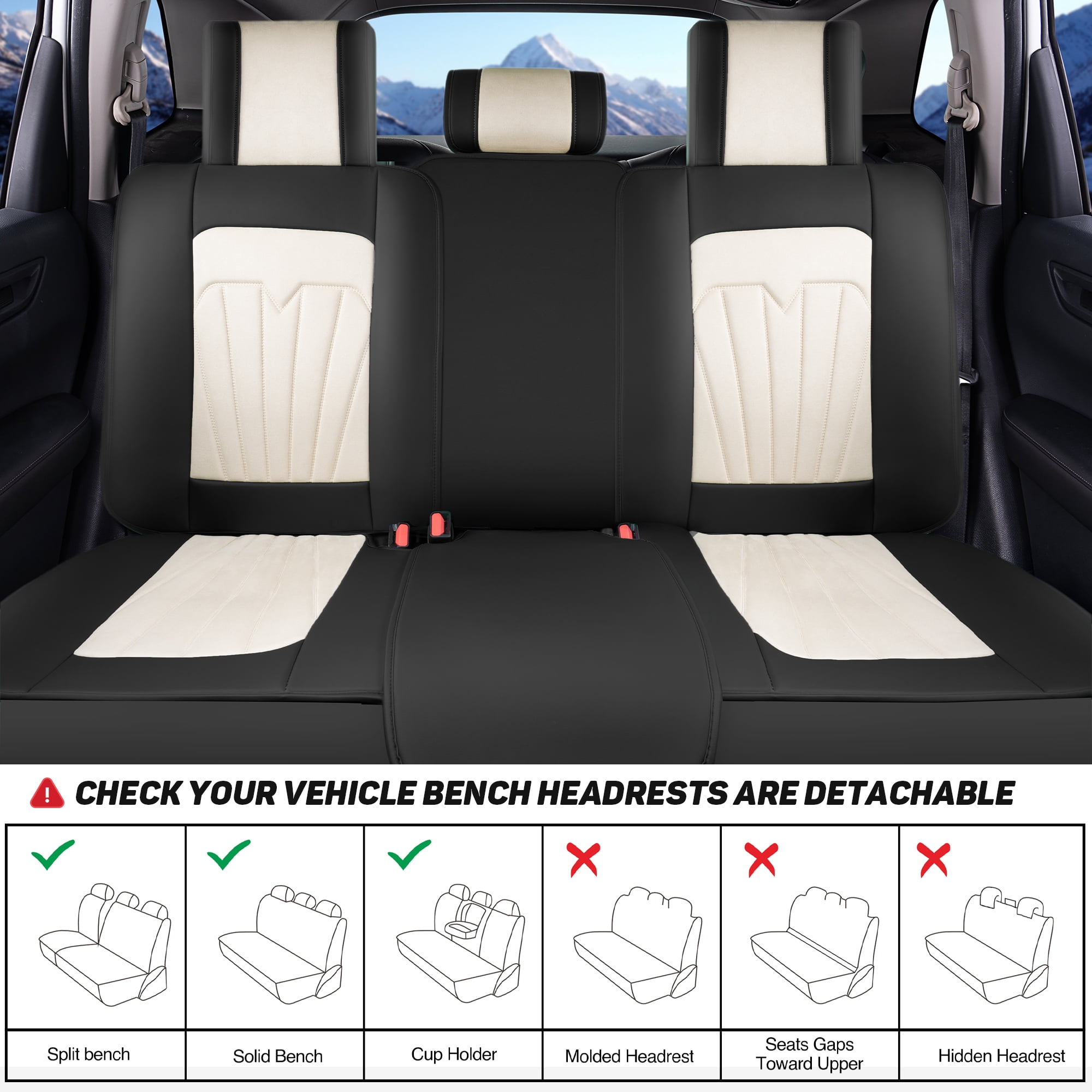Caromop Universal Car Seat Covers Full Set,3D Foam Support in Velvet & PU Leather,Armrest Compatible for Cars, Trucks, SUVs (Beige/Black)