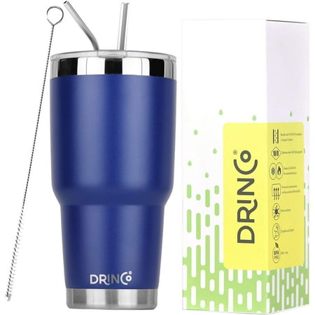 

DRINCO 30 oz Stainless Steel Tumbler Double Walled Vacuum Insulated Mug With Spill Proof Lid 2 Straws For Hot & Cold Drinks Blue