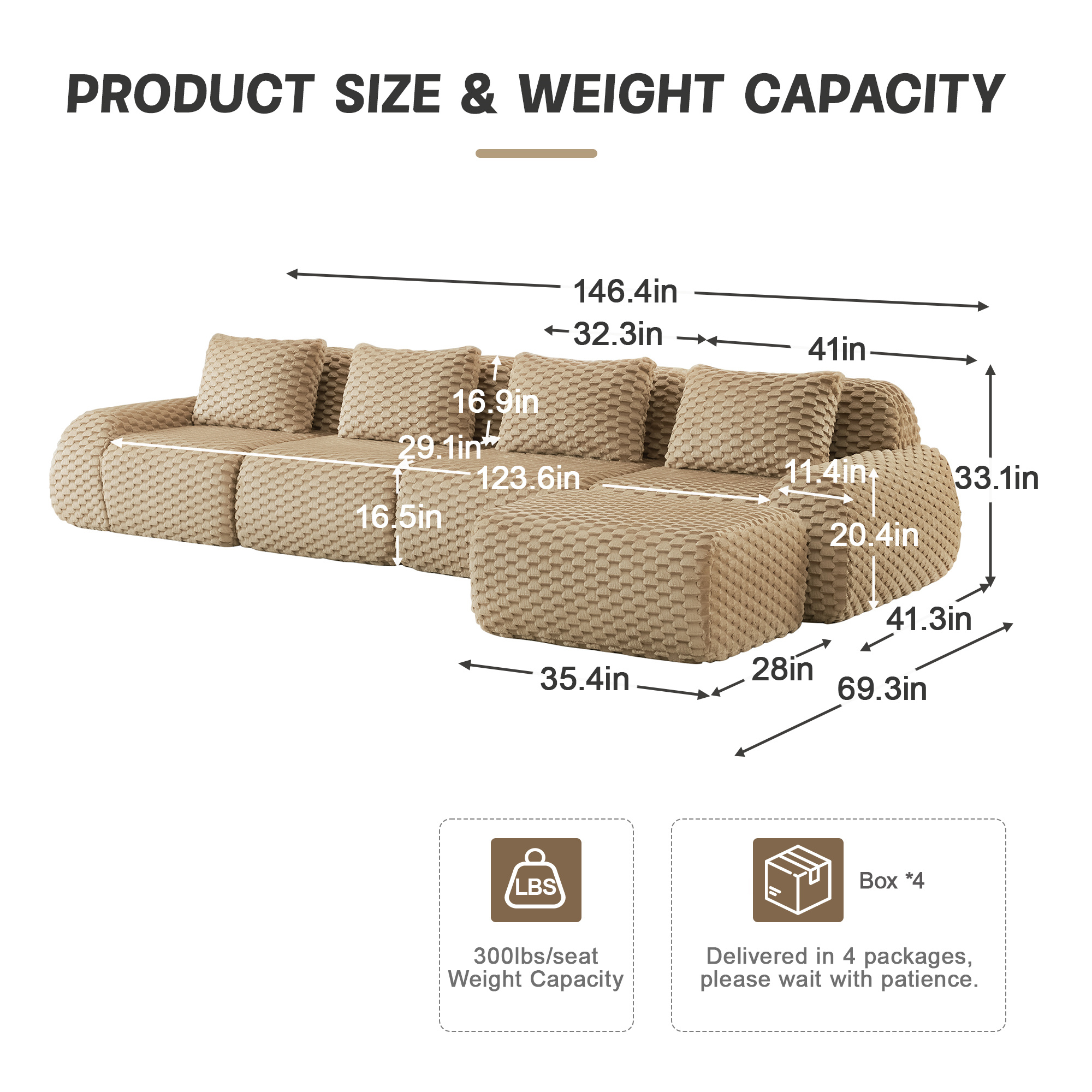Aukfa 146" Oversized Cloud Sectional Sofa 4 Seat L Shape Modular Boneless Couch for Living Room, 4 Pillows, Flannel, Camel