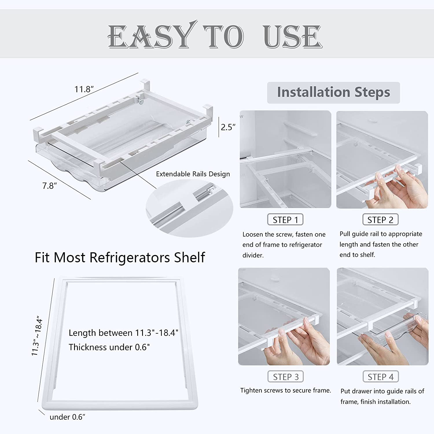 Fridge Drawer Organizer, Refrigerator Organizer Bins, Egg Holder Tray for Refrigerator，Pull Out with Handle, Fridge Shelf Holder Storage Box,Fridge Kitchen Cabinet Pantry for Food,Drinks