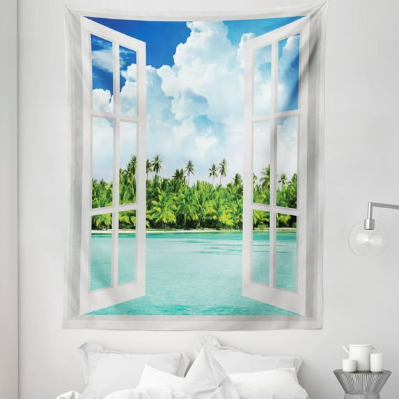 Tropical Tapestry, Cloudy Sky and Exotic Forest near Calm Ocean Open Window Summer Scene, Fabric Wall Hanging Decor for Bedroom Living Room Dorm, 5 Sizes, Aqua Green and Blue, by Ambesonne