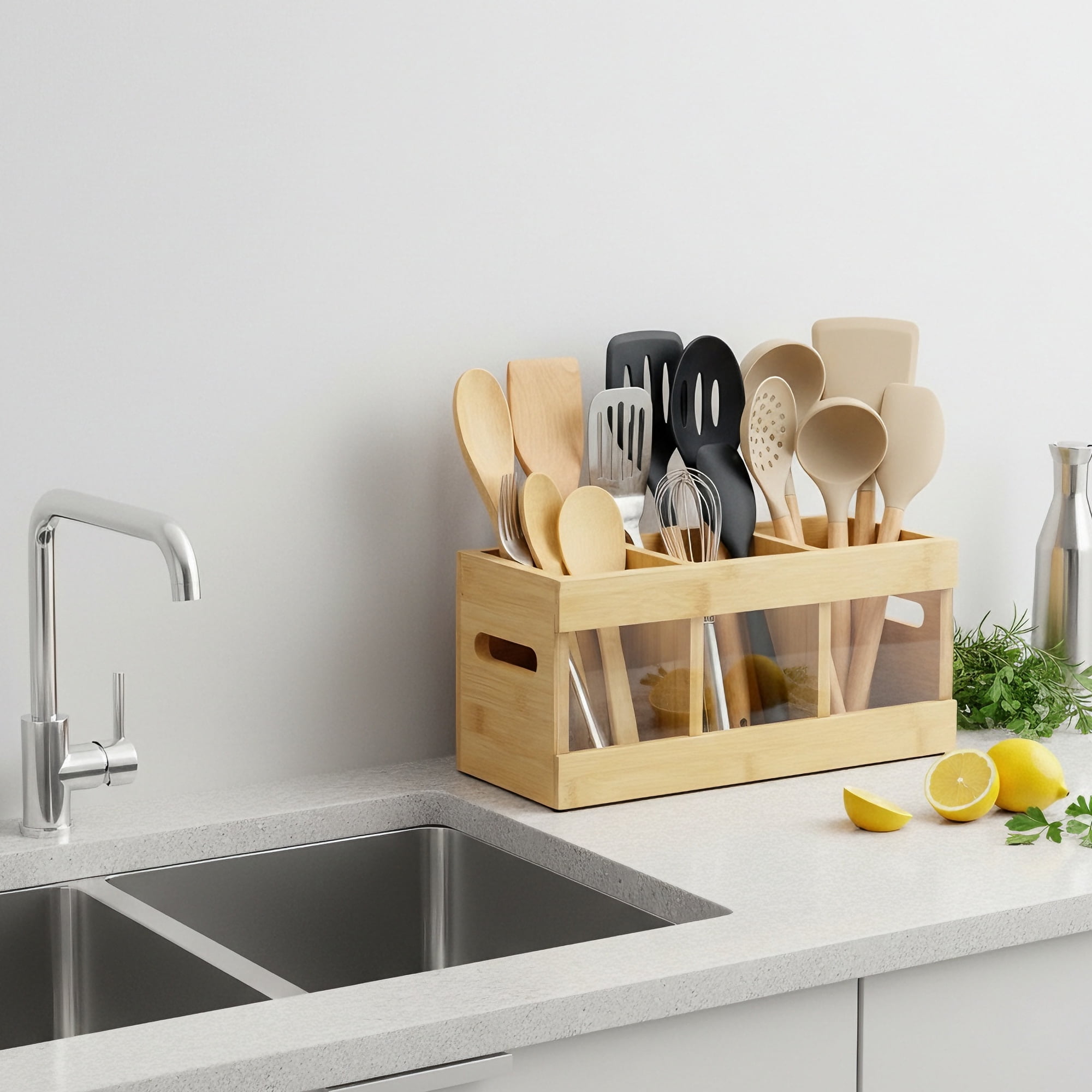 Sentryse Kitchen Utensil Holder with 6 Compartments, Wooden Utensil Holder for Kitchen Counter, Cooking Utensils Organizer with Quick Dry Diatomite Base, Acacia Rustic Wood, Small Size