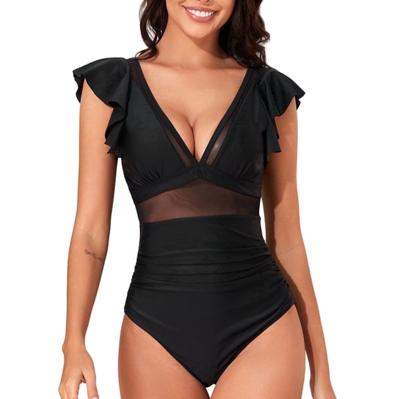 SOMER Women's One Piece Swimsuit Tummy Control Bathing Suits Ruffle V Neck Mesh Sheer Slimming Swimwear