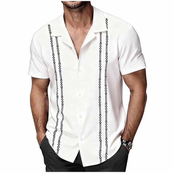 FRSASU Summer Striped Retro Printed Men's Shirts Casual Men's Short-Sleeved Shirts Outdoor Vacation Beach Shirts Seaside T-Shirt White