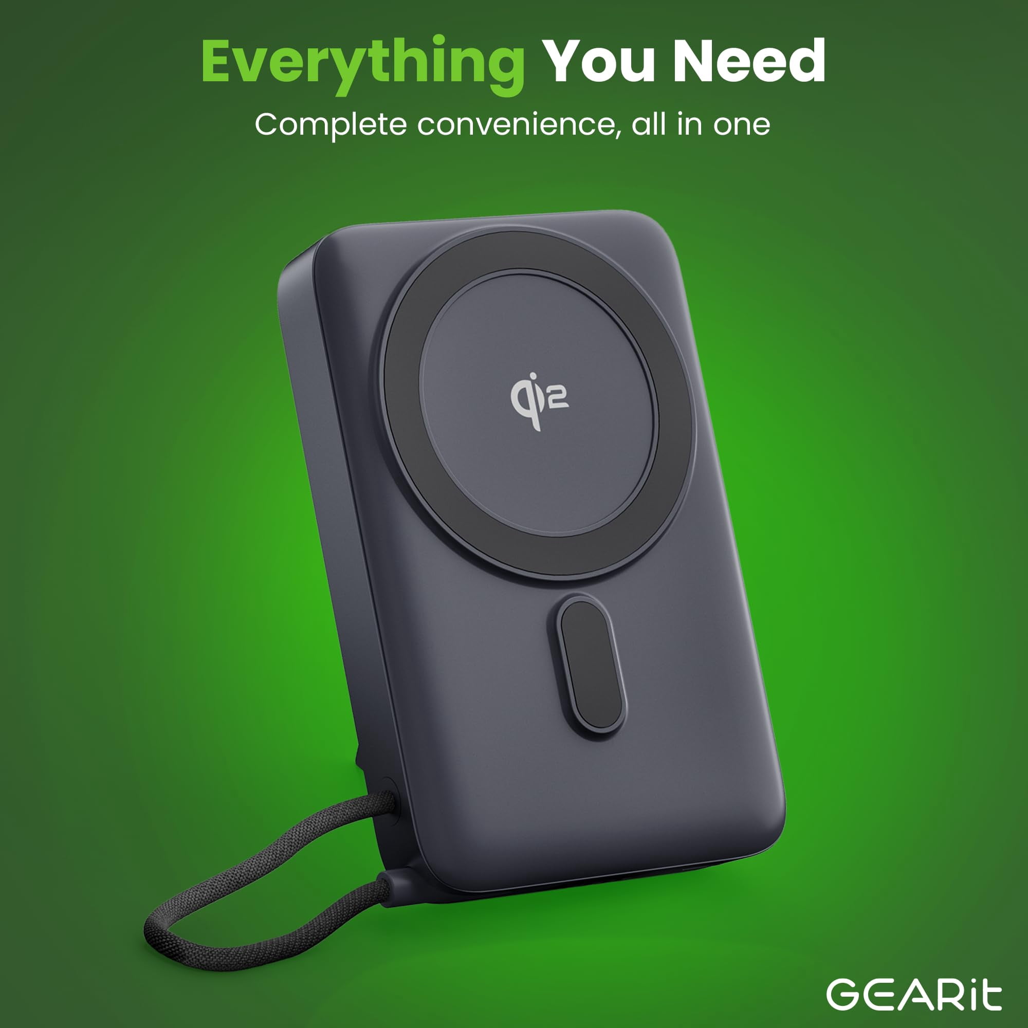 GEARit 10000mAh Qi2 Portable Charger Wireless Power Bank with Built-In USB-C Cable Compact Battery Pack for iPhone & Android