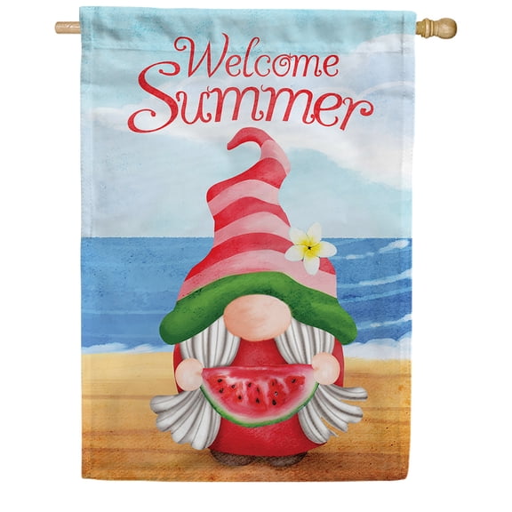 America Forever Welcome Summer Beach Gnome Watermelon House Flag 28 x 40 inch Tropical Fruit Vacation Ocean Coastal Seashore Nautical Yard Outdoor Decorative Flag