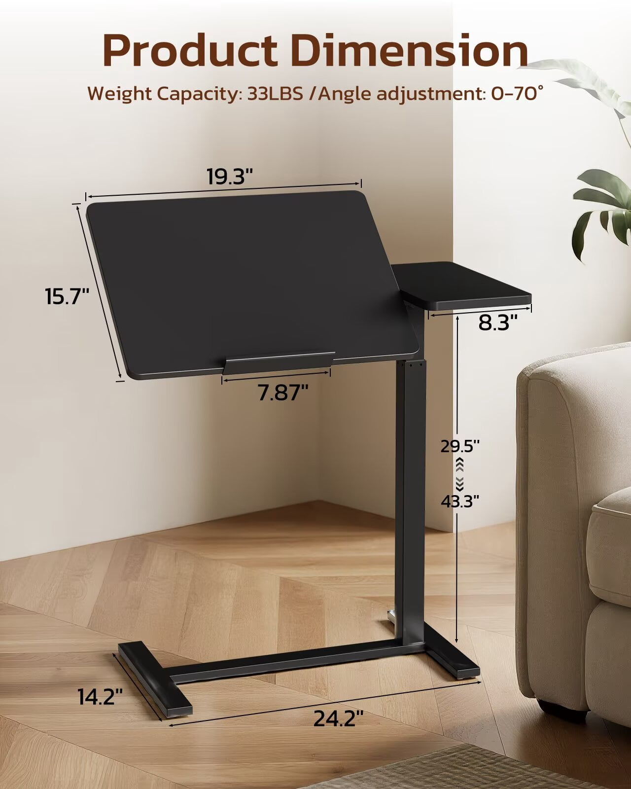 Simple Deluxe Overbed Bedside Table with Hidden Casters, Adjustable Pneumatic Mobile Laptop Computer Standing Desk, Rolling Laptop Table, Movable Overbed Table Hospital Home Use, Black