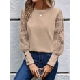 thumbnail image 4 of Women'S Solid Color Long Sleeve Embroidered Lace Stitching Waffle Round Neck Top Apricot XL, 4 of 8