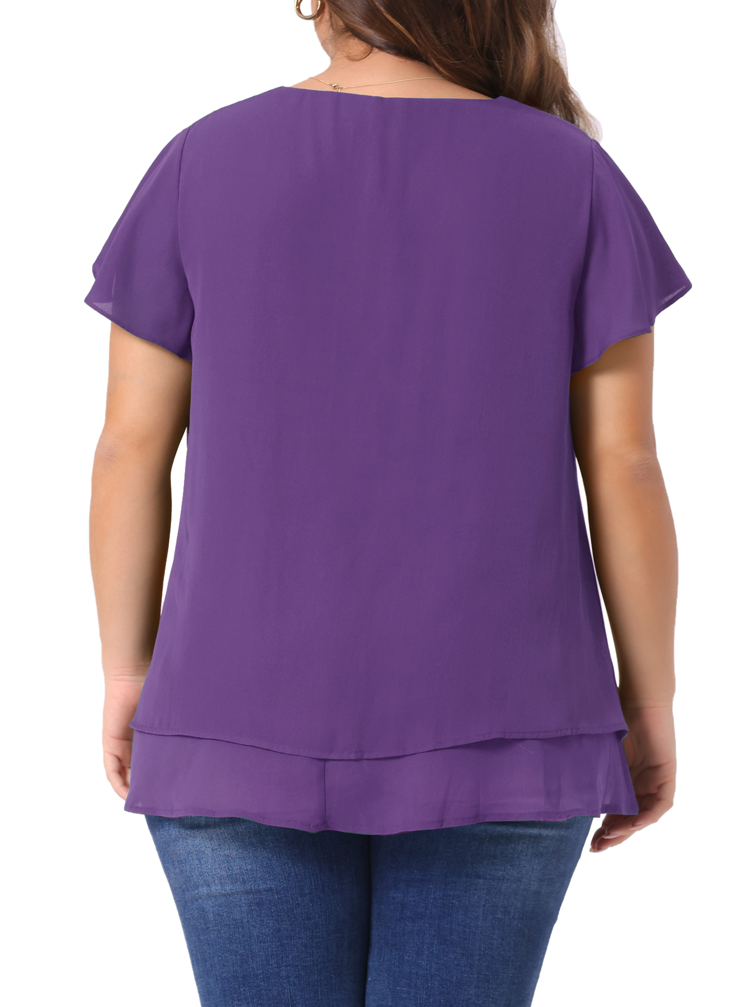 Unique Bargains Women's Plus Size Ruffle Short Sleeve V Neck Chiffon Blouse 2X Purple