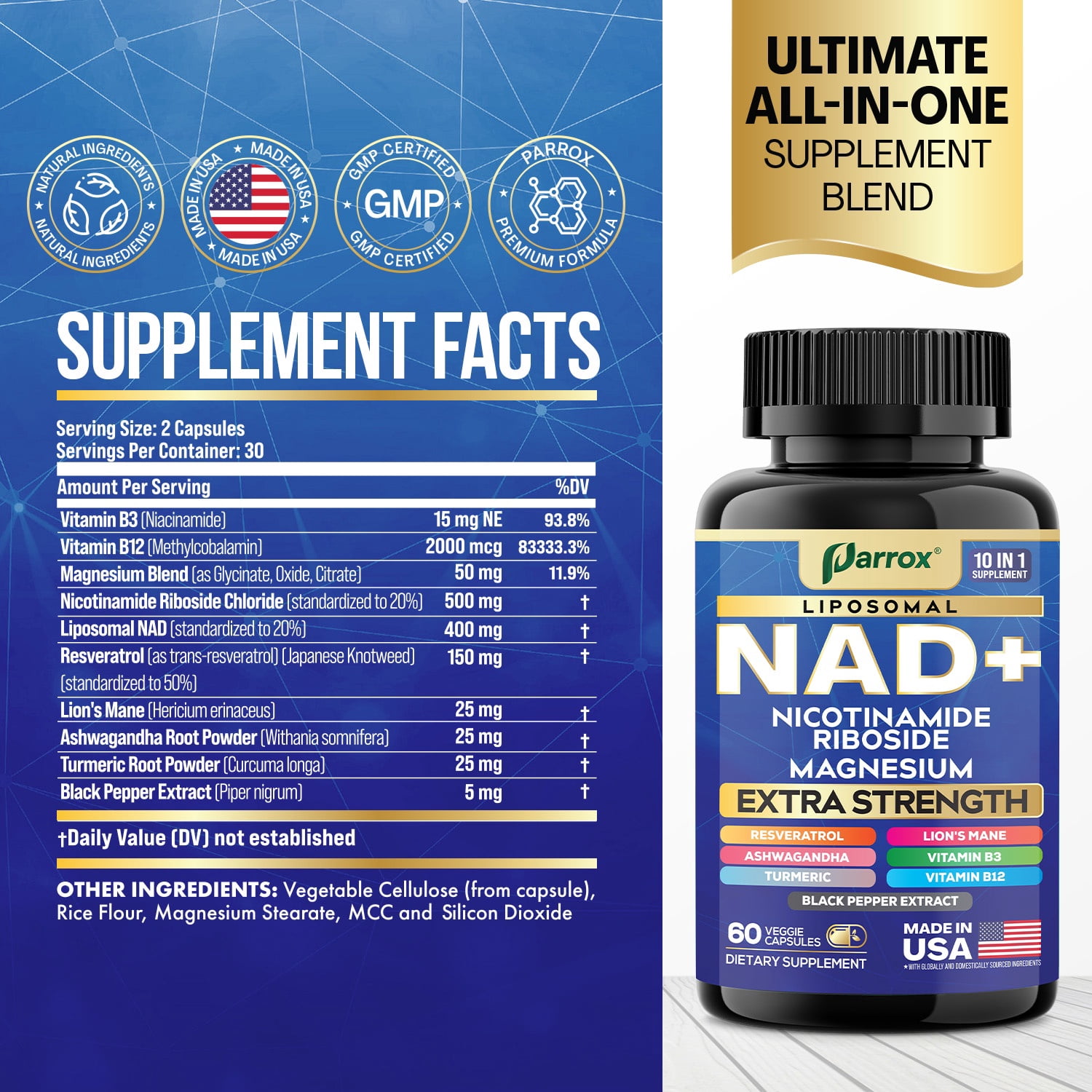 Parrox NAD+ Supplement with Vitamin B3 & B12, Magnesium, Resveratrol, Niacinamide, Turmeric, Ashwagandha, Lion’s Mane, Black Pepper Extract, Liposomal NAD, 10-in-1 Extra Strength (3 Pack)