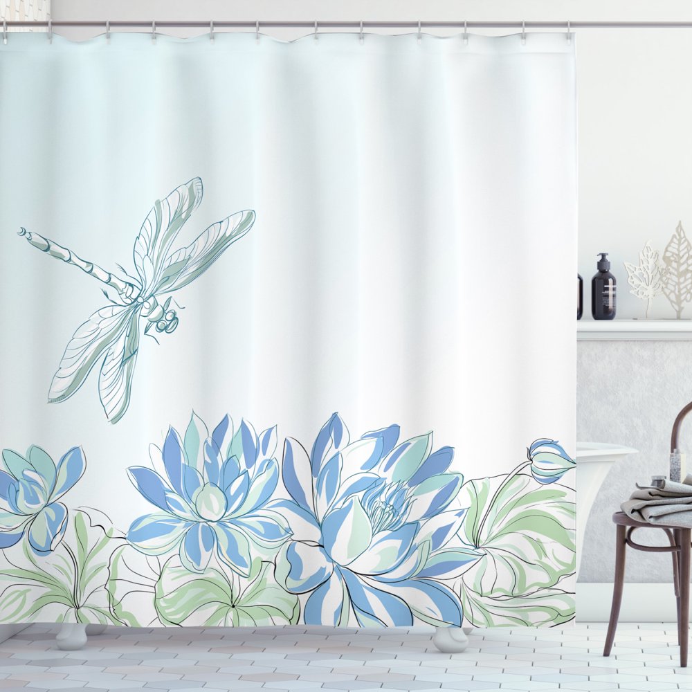 Dragonfly Shower Curtain, Waterlilies Flowers and Dragonflies Simplistic Design Eco Nature Theme